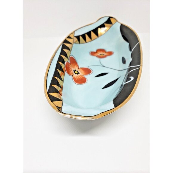 Noritake Celery Dish Hand Painted Gold Rimmed Handles Orange Flowers 7 .5 in VTG - Picture 5 of 7